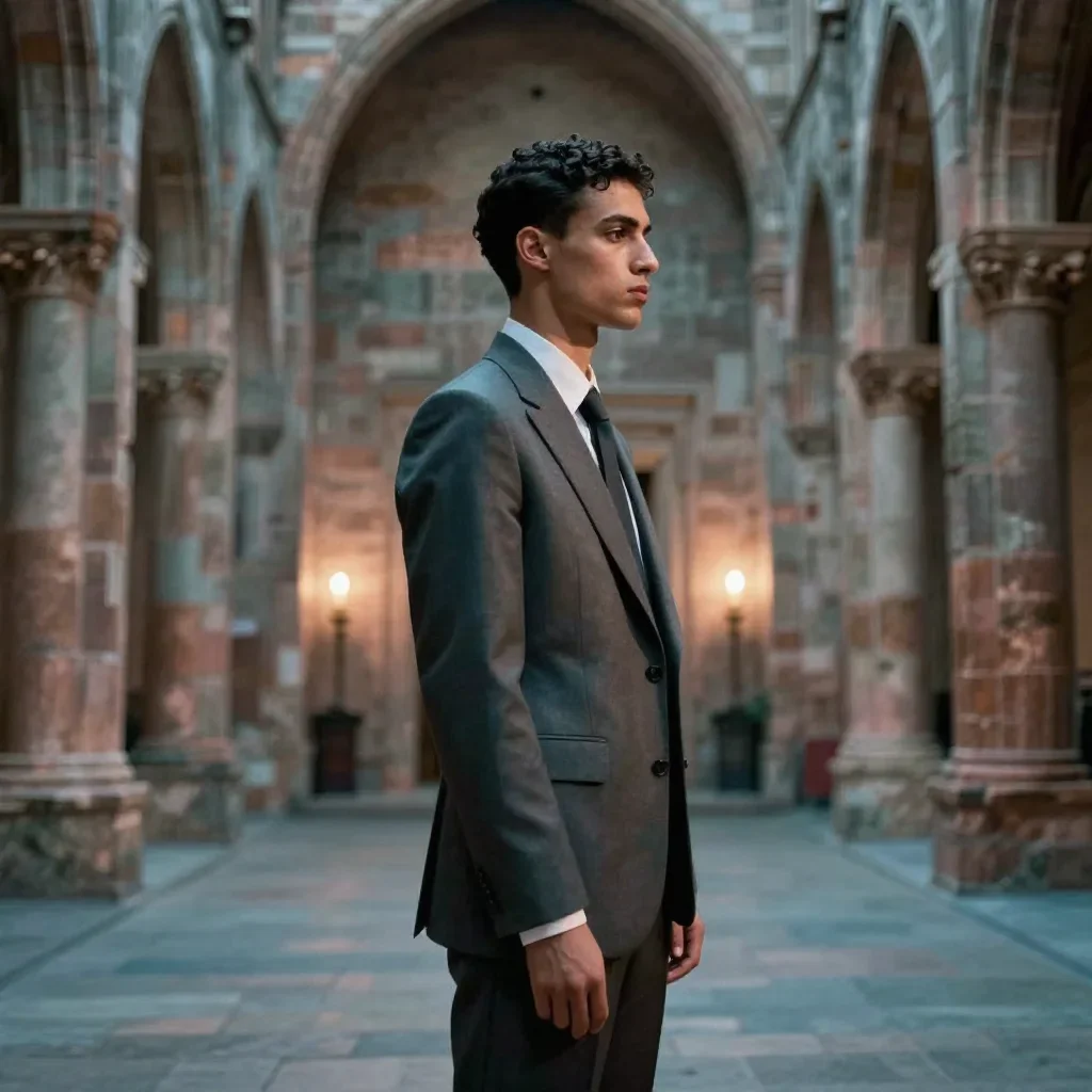 an androgynous model in a sharply tailored suit in a dramatic three-quarter profile, in a candle-lit cathedral ruin, moo