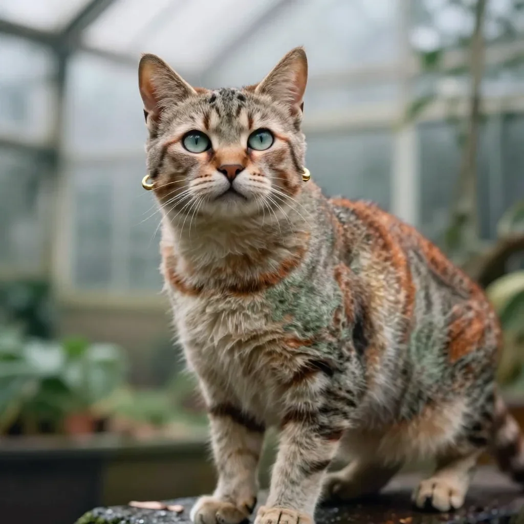 a feline-featured model with gold ear cuffs in a low lunge with a lifted chin, in a greenhouse humid with mist, soft-gra