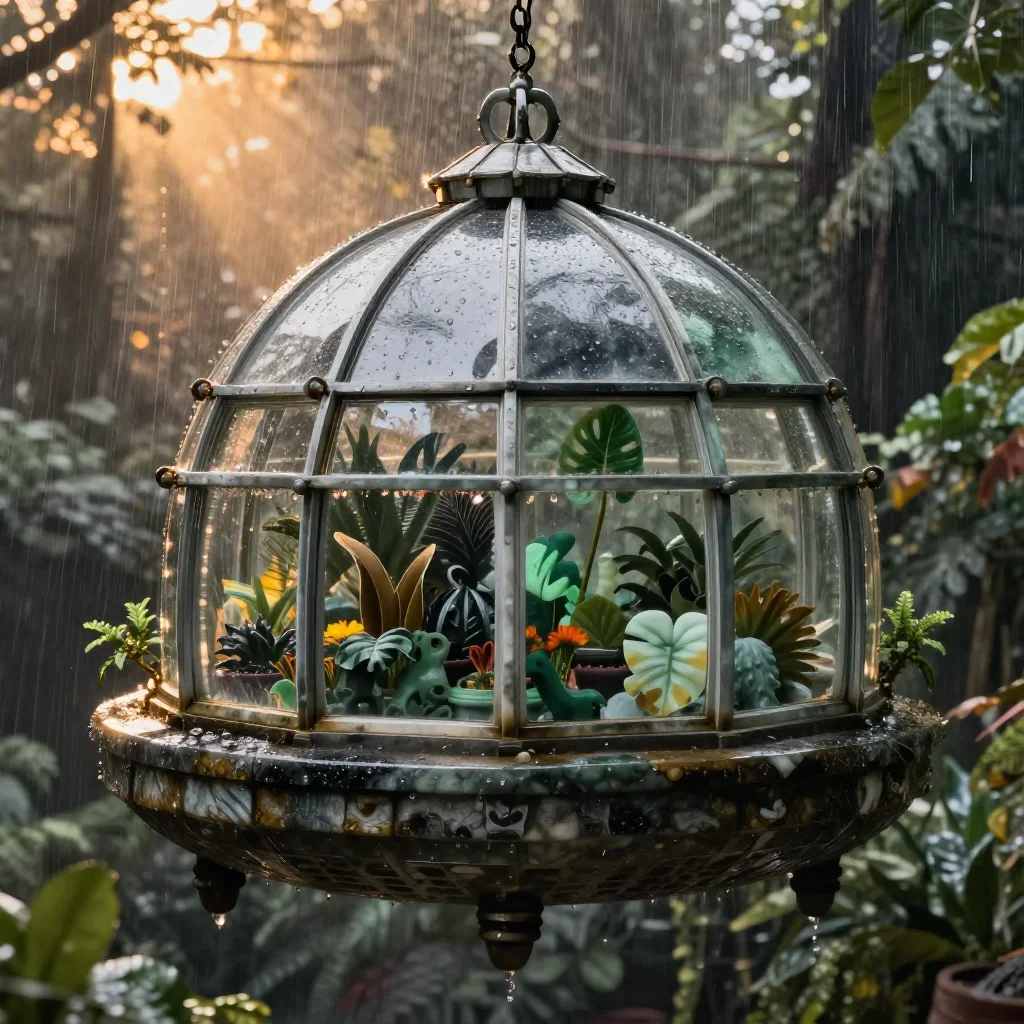 a floating botanical conservatory after warm summer rain, refined editorial travel photography, atmospheric depth, jade 