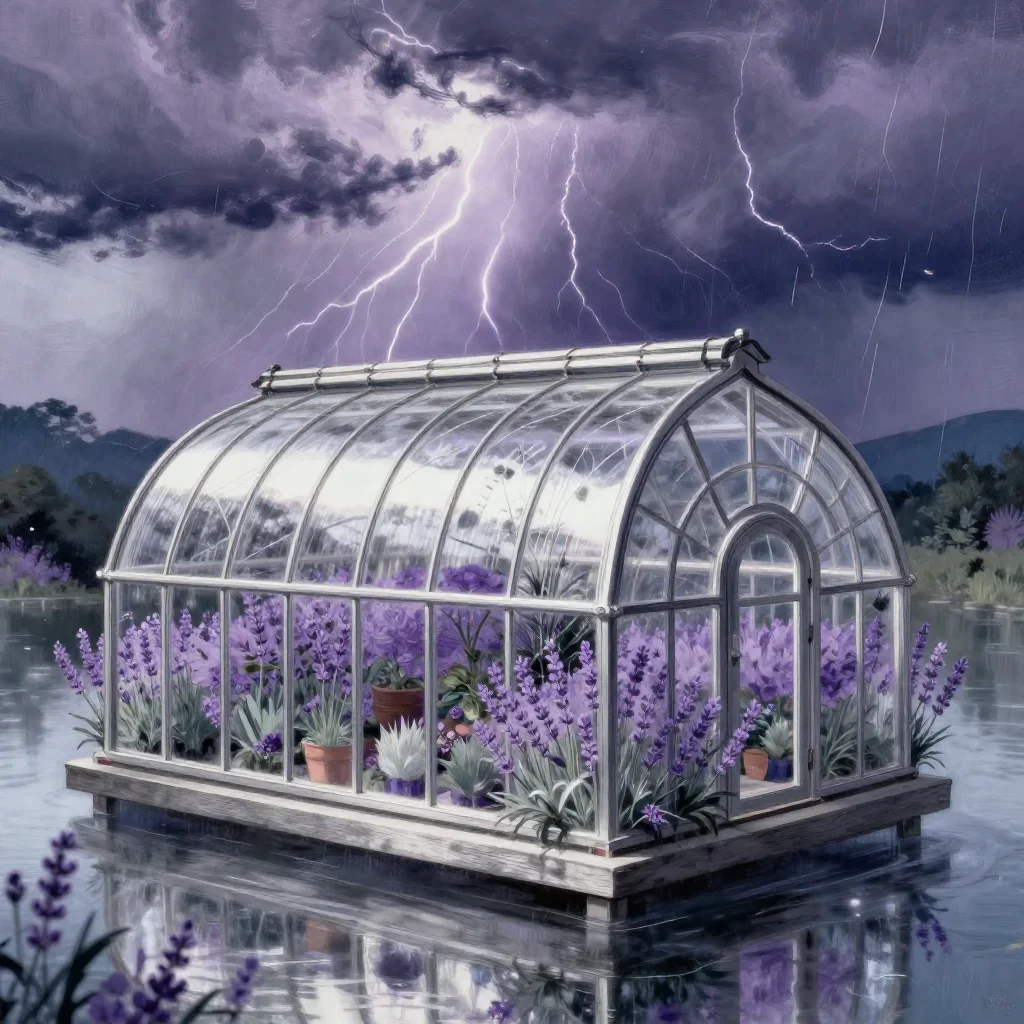 a floating botanical conservatory after a distant thunderstorm, Japanese woodblock-inspired editorial art, gentle reflec