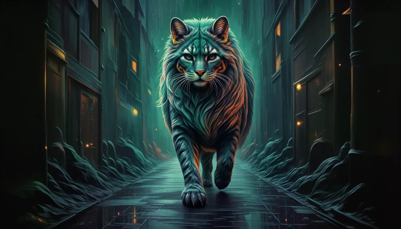 a feline-featured model with gold ear cuffs in a confident cinematic stride, in a rain-slick neon alley, Renaissance chi