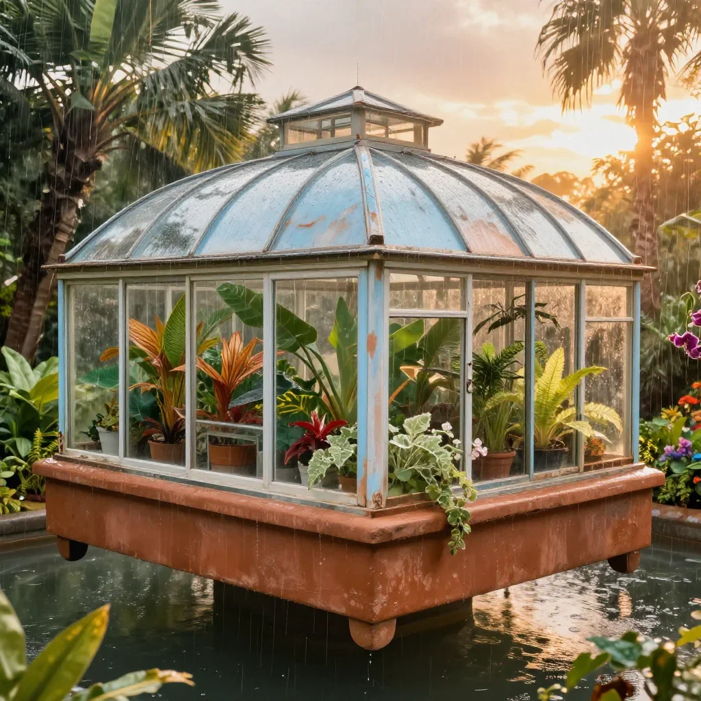 a floating botanical conservatory after warm summer rain, dreamlike fine-art landscape photography, weathered tactile su