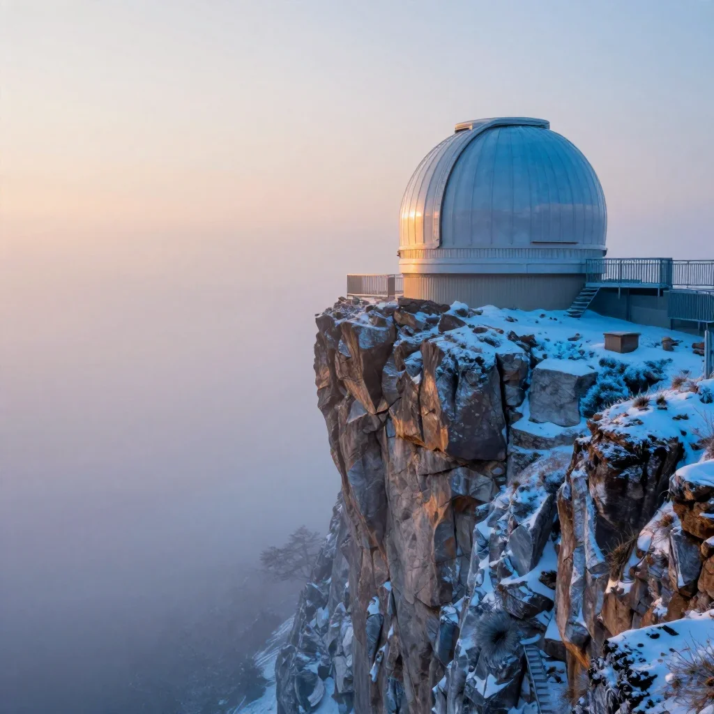 a cliffside observatory under soft dawn fog, dreamlike fine-art landscape photography, gentle reflected light, ice blue 