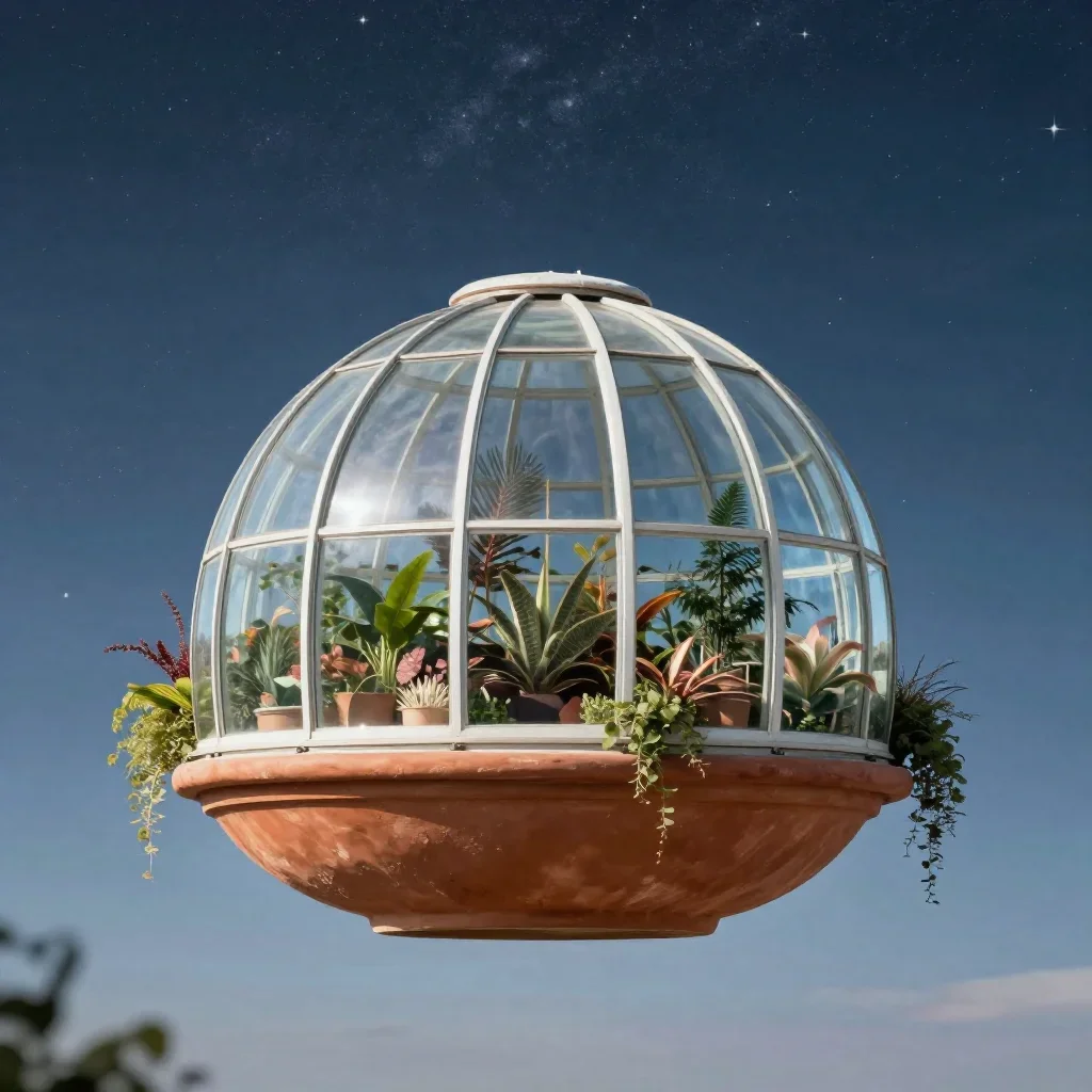 a floating botanical conservatory beneath a star-filled sky, high-end design magazine photography, soft volumetric light