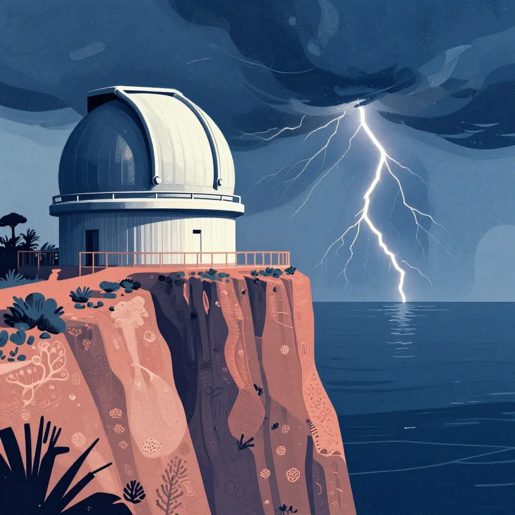 a cliffside observatory after a distant thunderstorm, modernist poster illustration, weathered tactile surfaces, coral a