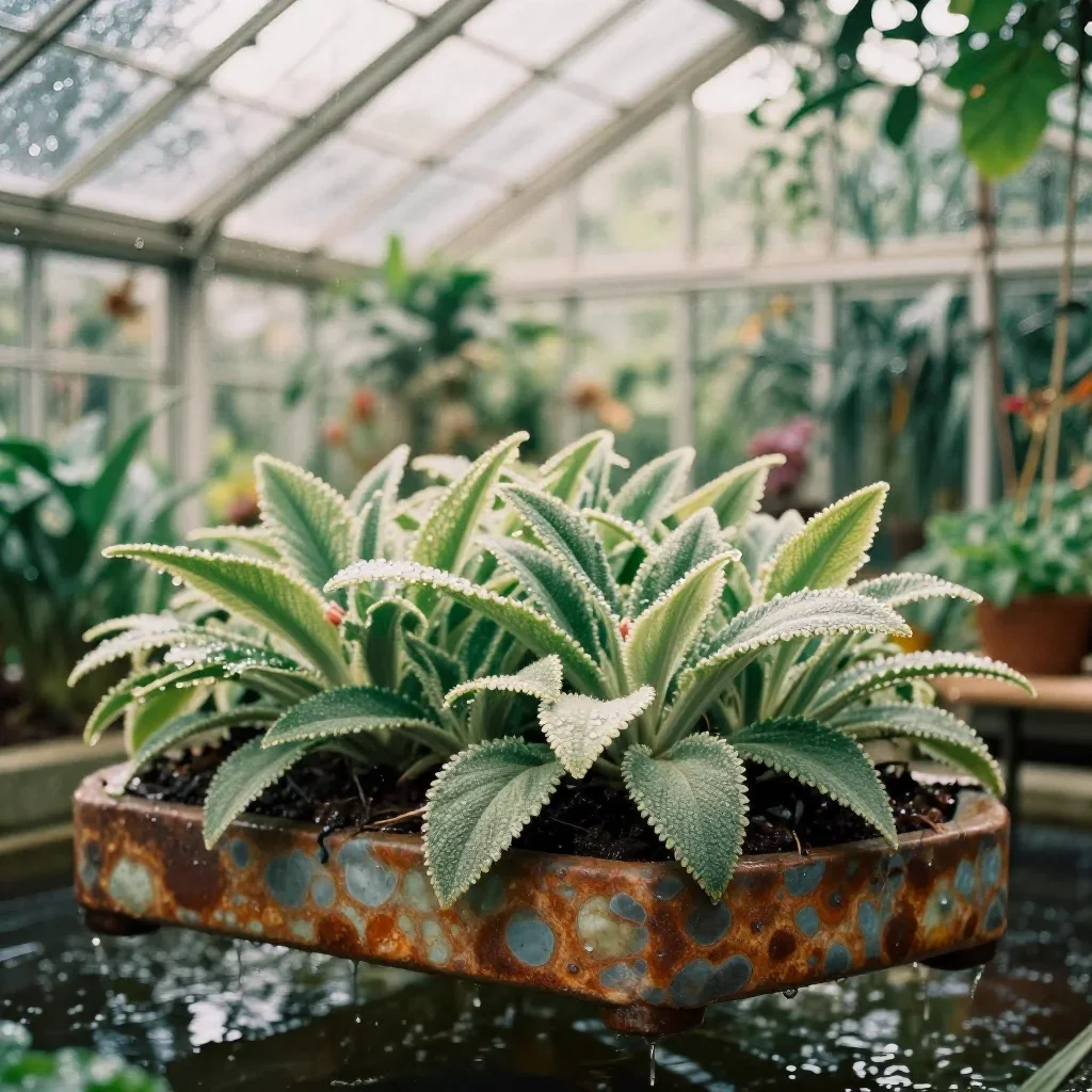 a floating botanical conservatory after warm summer rain, soft-grain analog film photography, subtle film grain, rust an