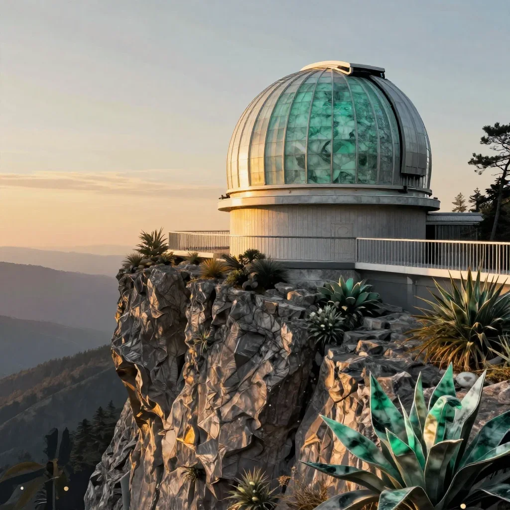 a cliffside observatory during golden hour, contemporary botanical illustration, crisp material detail, jade and charcoa