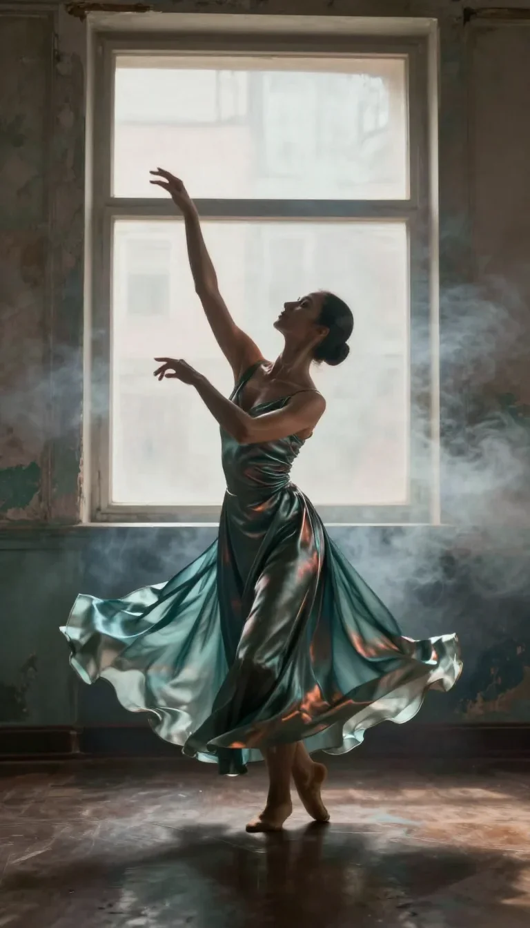 a dancer mid-spin in a silk maxi dress in a seated silhouette against a window, in a smoke-lit photo studio, cinematic f