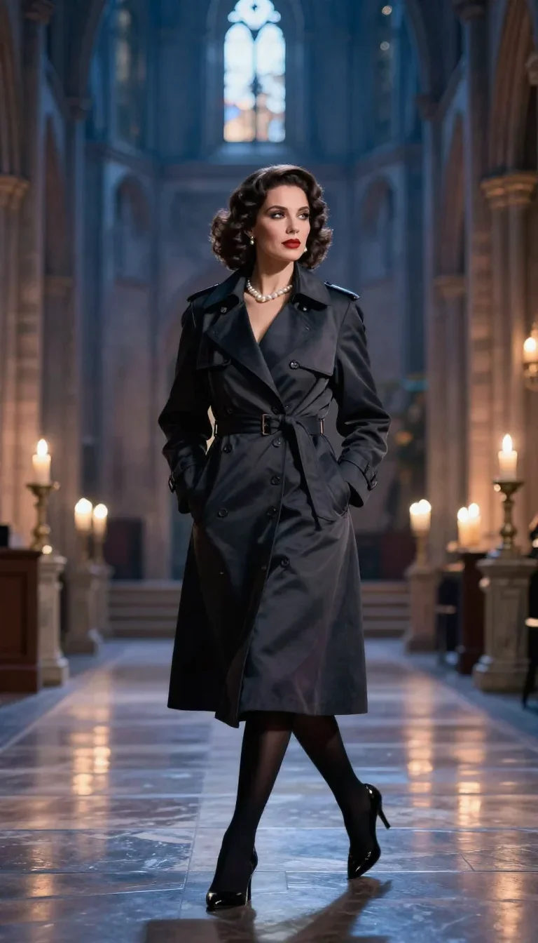 a noir detective's femme fatal muse in a trench coat in a confident cinematic stride, in a candle-lit cathedral ruin, ed