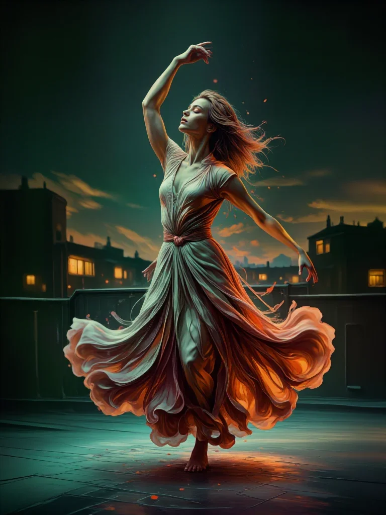 a dancer mid-spin in a silk maxi dress in a deep breath with eyes closed, on a neon-lit rooftop at midnight, futuristic 