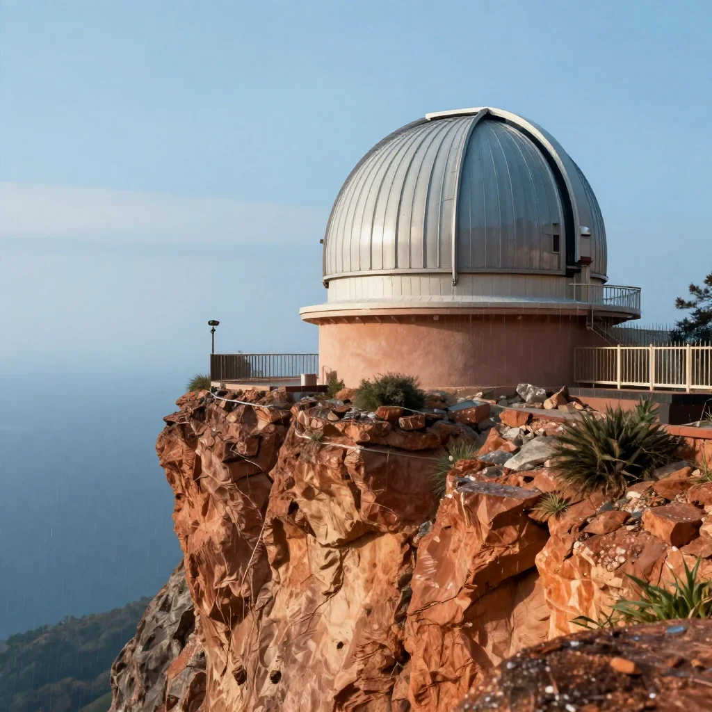 a cliffside observatory after warm summer rain, high-end design magazine photography, atmospheric depth, terracotta and 