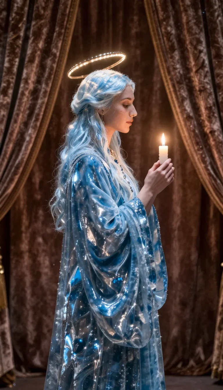 a celestial priestess with haloed candlelight in a dramatic three-quarter profile, in a velvet-curtained boudoir, National Geographic-style editorial, gentle reflected light, ice blue and warm cedar palette, no text,...