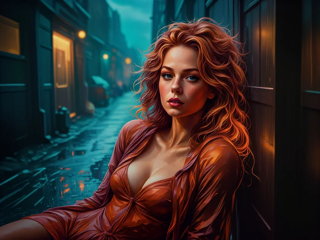 a muse with freckles and wind-tousled copper hair reclining elegantly on a chaise, in a rain-slick neon alley, cinematic