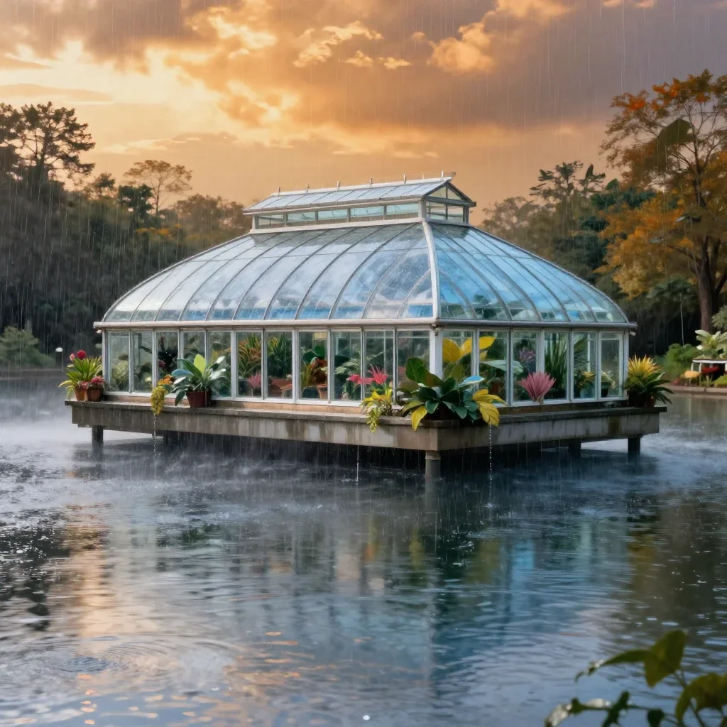 a floating botanical conservatory after warm summer rain, dreamlike fine-art landscape photography, calm negative space,