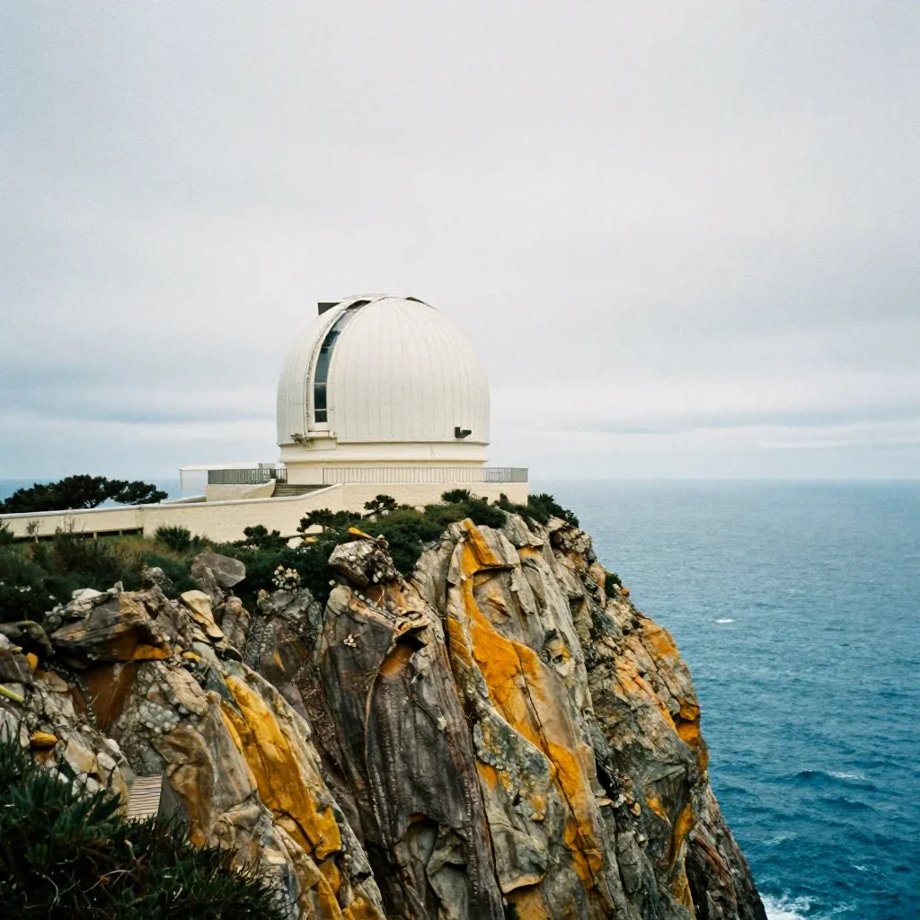 a cliffside observatory under overcast coastal light, soft-grain analog film photography, crisp material detail, cobalt 