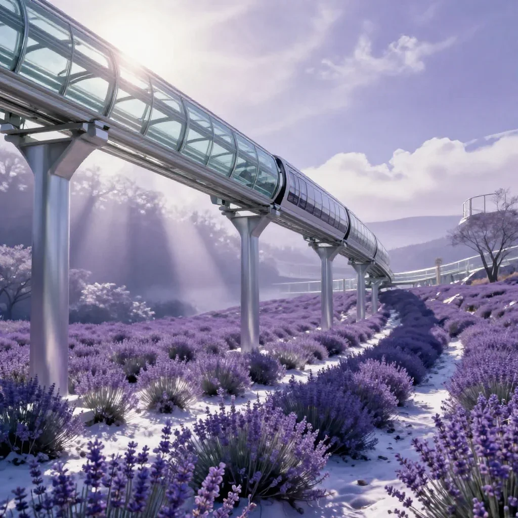 a glass monorail in crisp winter sunlight, cinematic architectural photography, atmospheric depth, lavender and silver p