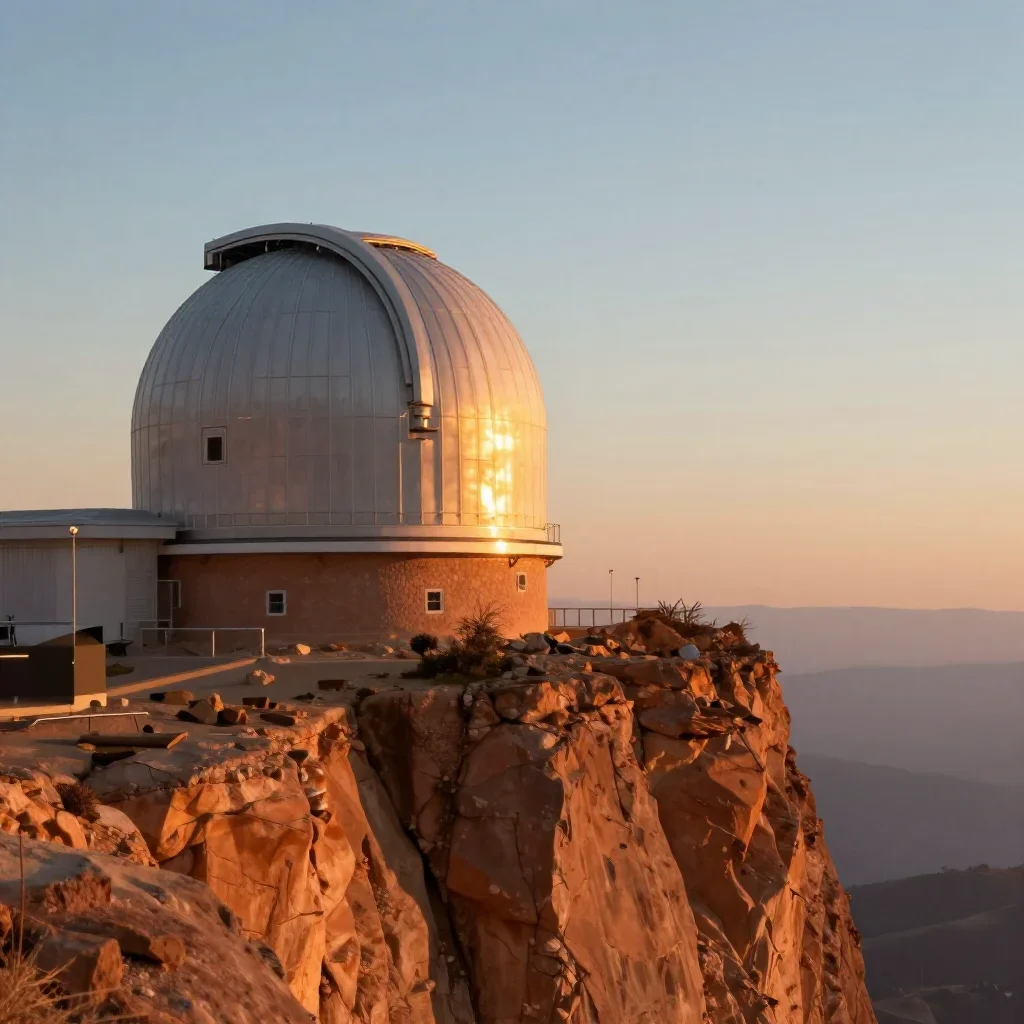 a cliffside observatory during golden hour, quiet science-fiction concept art, gentle reflected light, terracotta and pa
