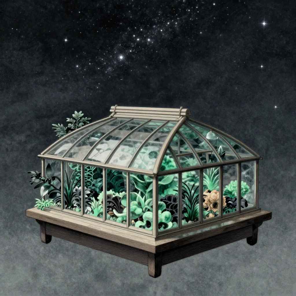 a floating botanical conservatory beneath a star-filled sky, Japanese woodblock-inspired editorial art, clean natural te