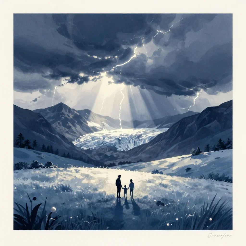 an alpine meadow beneath glaciers after a distant thunderstorm, modernist poster illustration, gentle reflected light, i