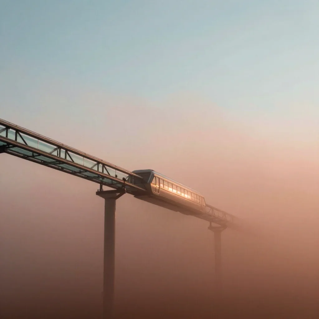 a glass monorail under soft dawn fog, quiet science-fiction concept art, restrained color harmony, terracotta and pale s