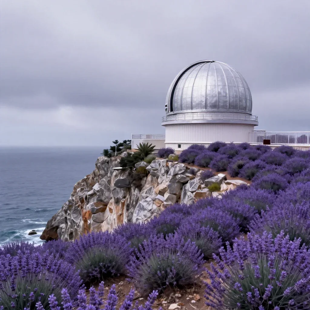 a cliffside observatory under overcast coastal light, dreamlike fine-art landscape photography, atmospheric depth, laven