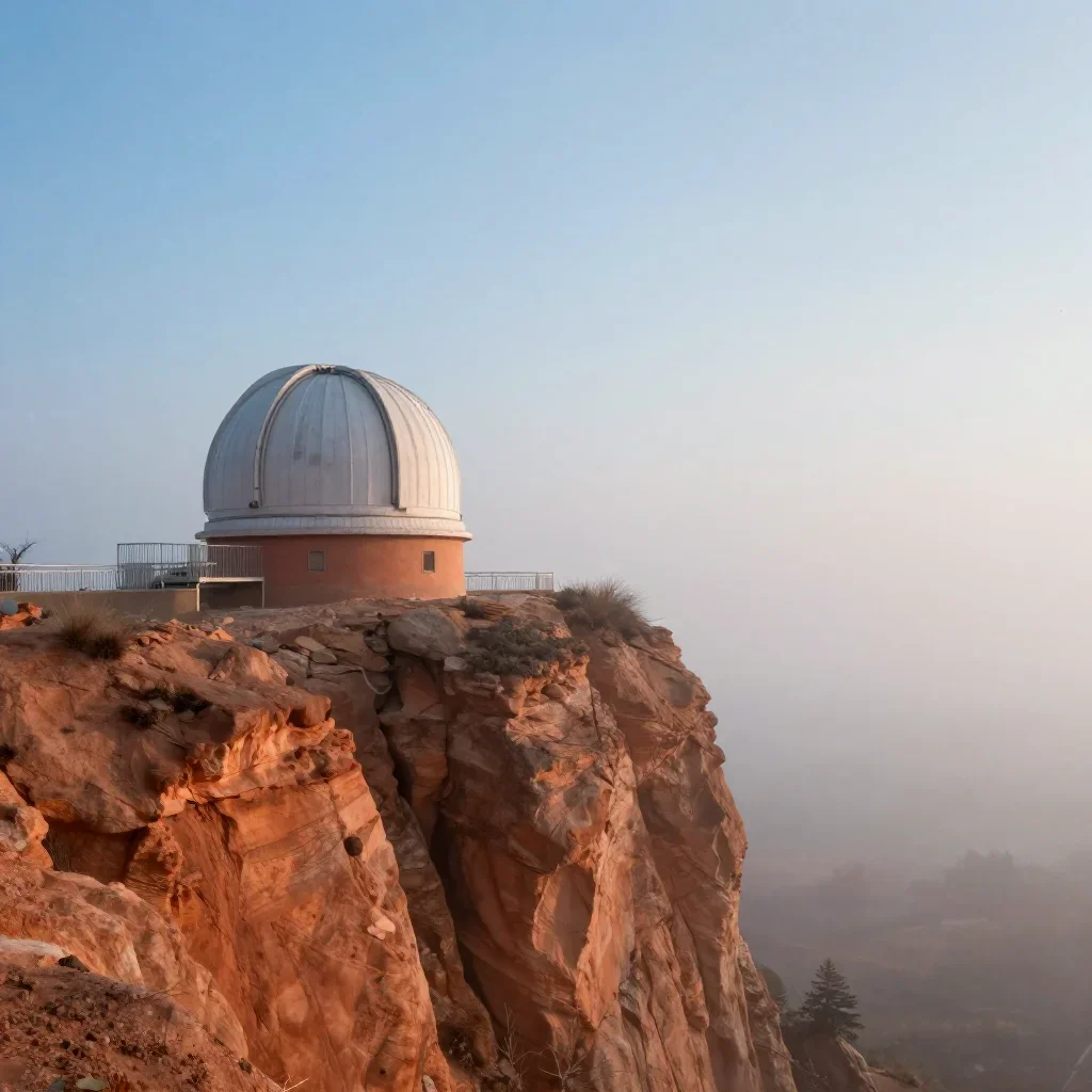 a cliffside observatory in early spring mist, dreamlike fine-art landscape photography, soft volumetric light, terracott