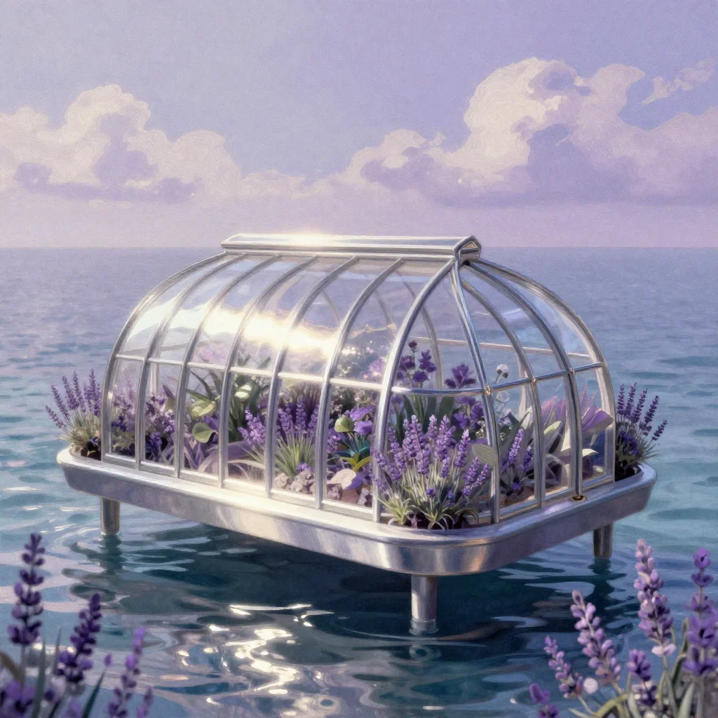 a floating botanical conservatory in a gentle sea breeze, modernist poster illustration, subtle film grain, lavender and