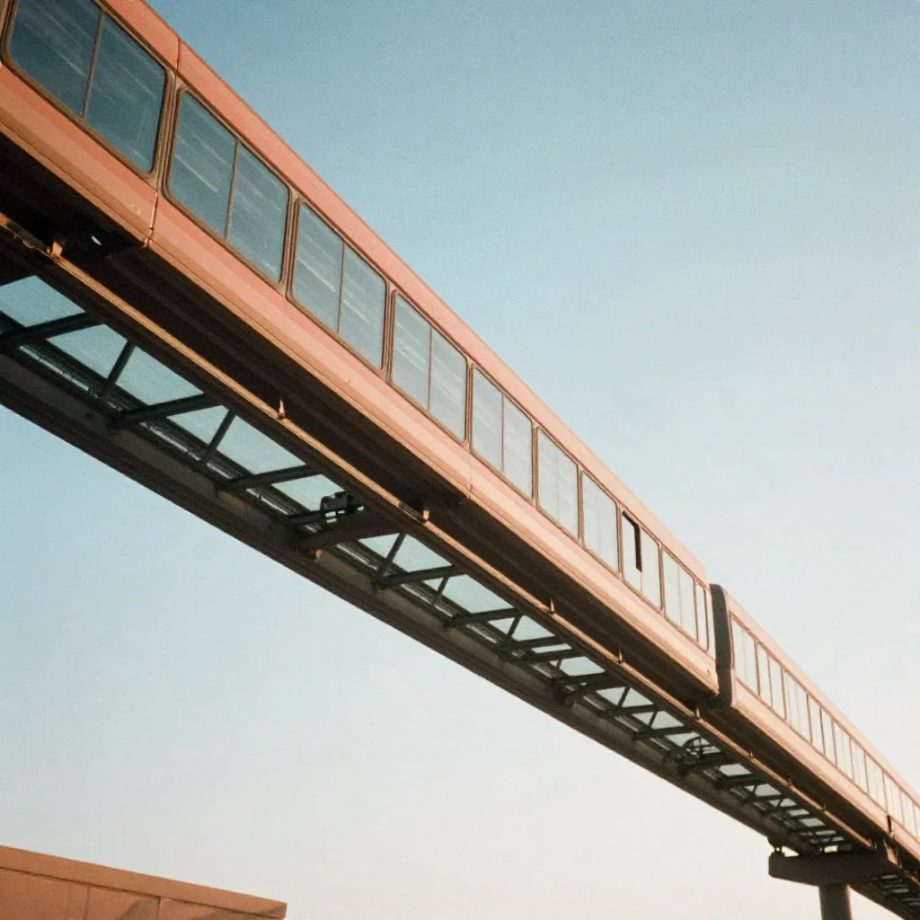 a glass monorail in crisp winter sunlight, cinematic architectural photography, subtle film grain, terracotta and pale s