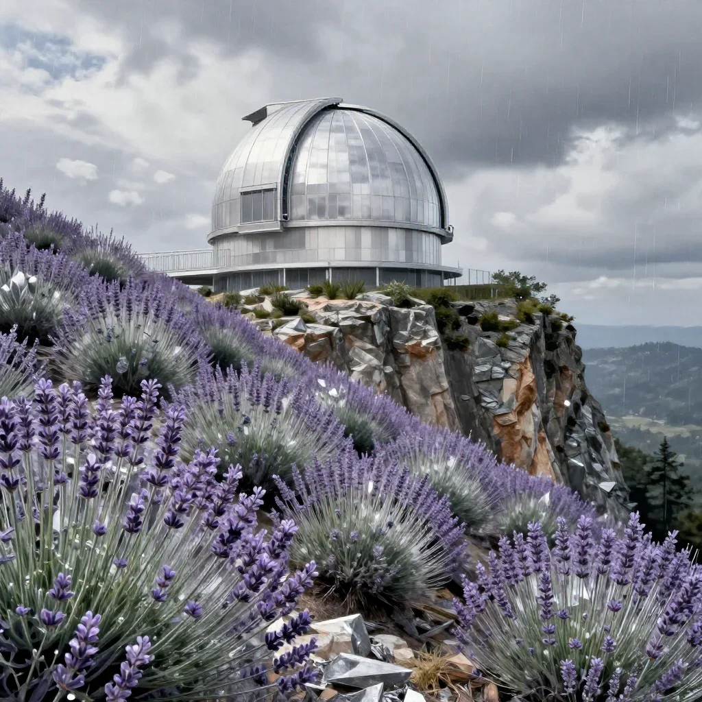 a cliffside observatory after warm summer rain, contemporary botanical illustration, careful geometric composition, lave