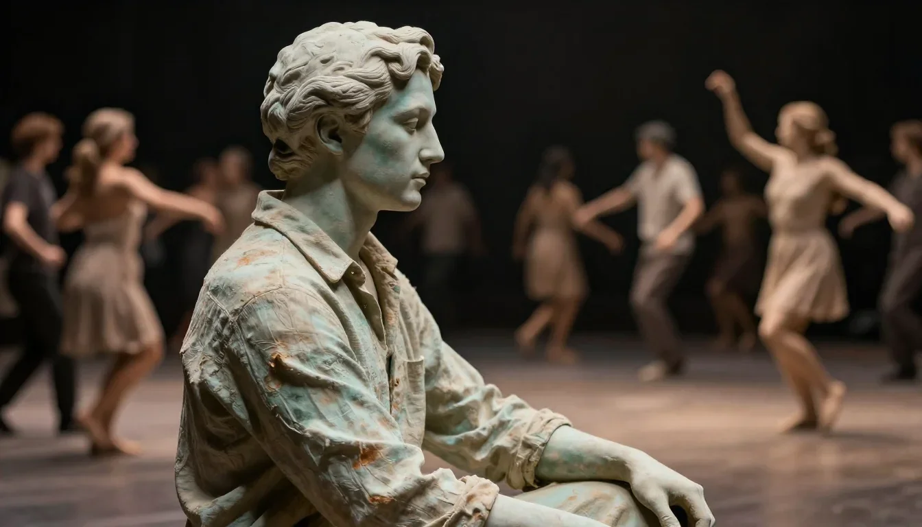 a sculptor at rest in a linen shirt, dust-hazed in a dramatic three-quarter profile, on a midnight dance floor, mytholog