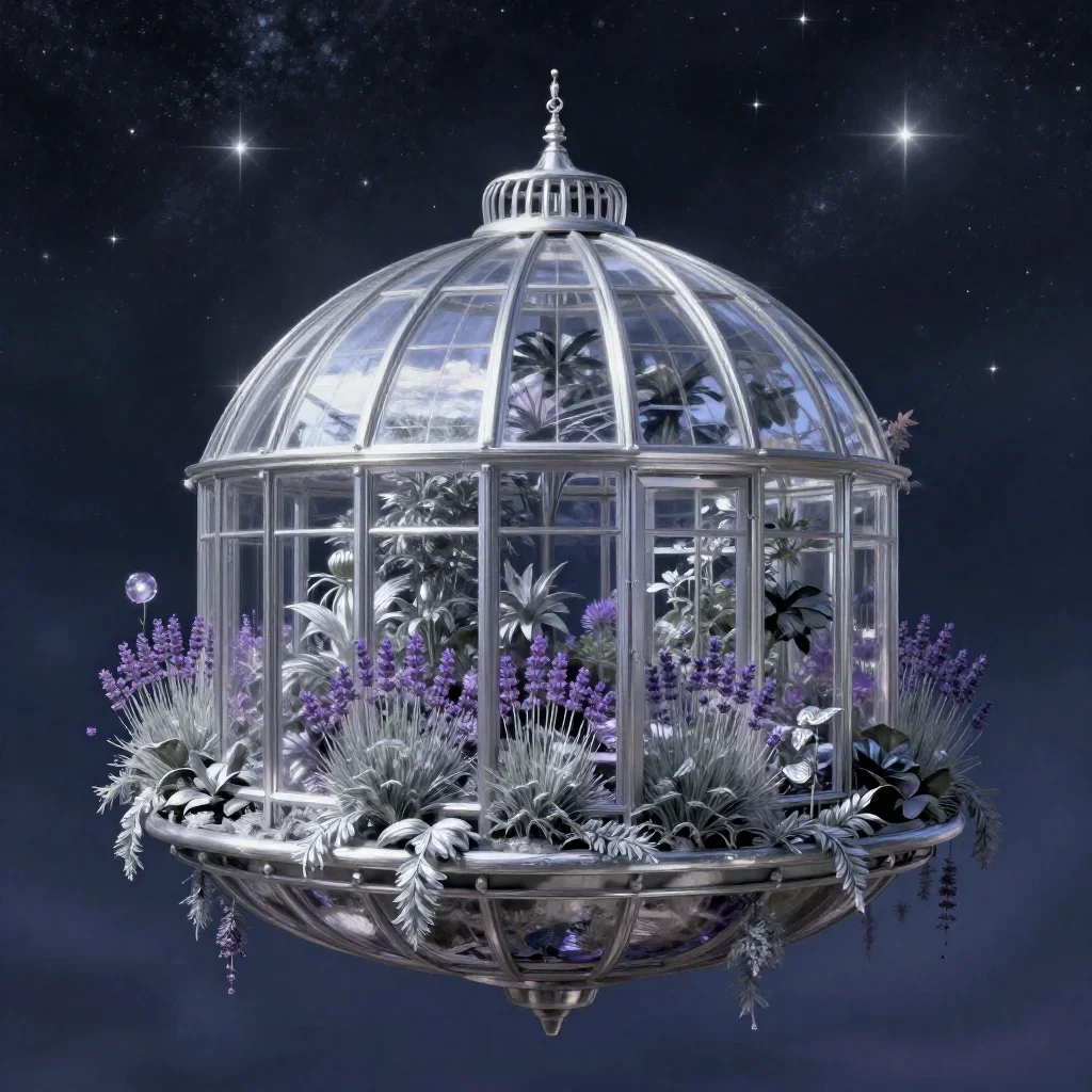 a floating botanical conservatory beneath a star-filled sky, contemporary botanical illustration, atmospheric depth, lav