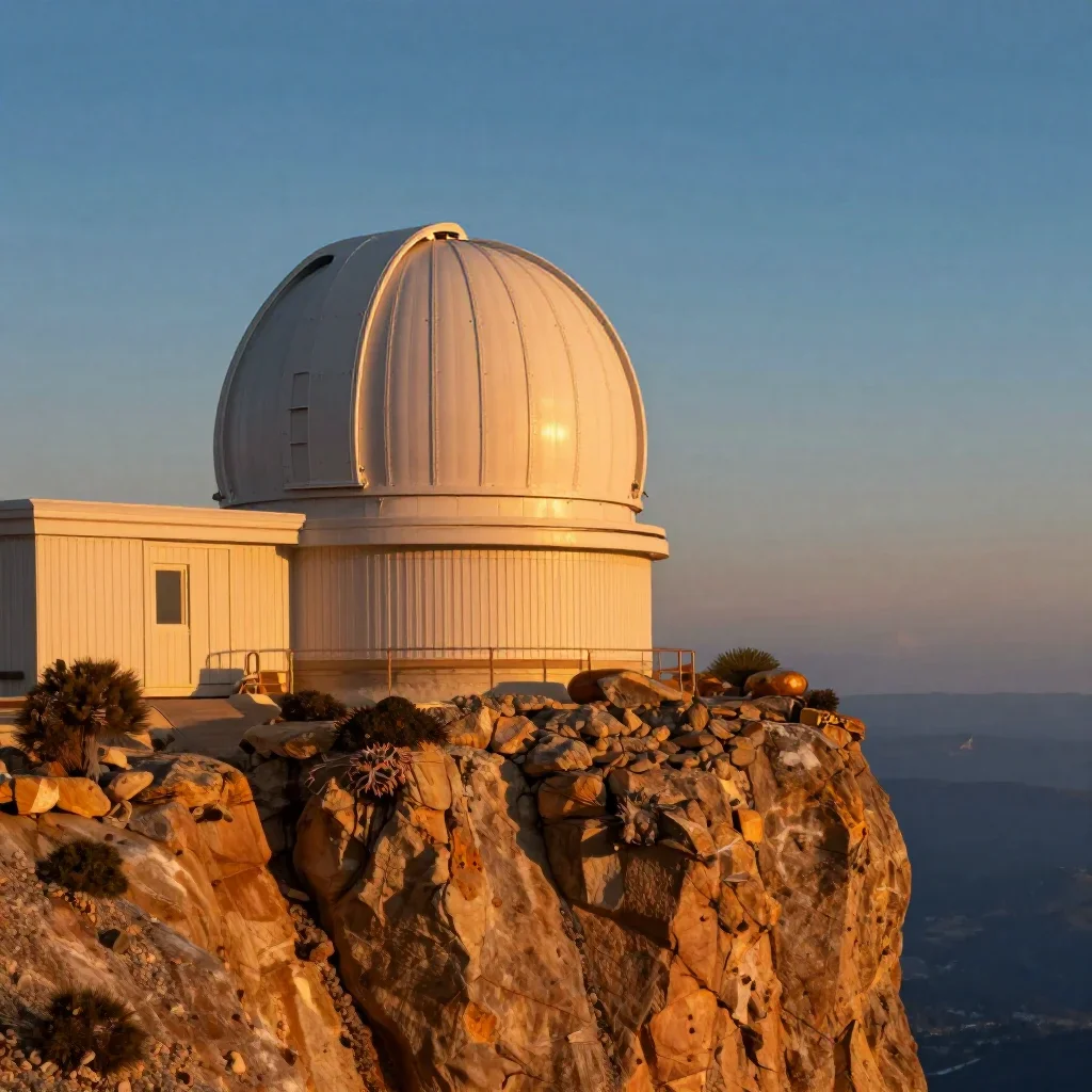 a cliffside observatory during golden hour, cinematic architectural photography, crisp material detail, ochre and ultram