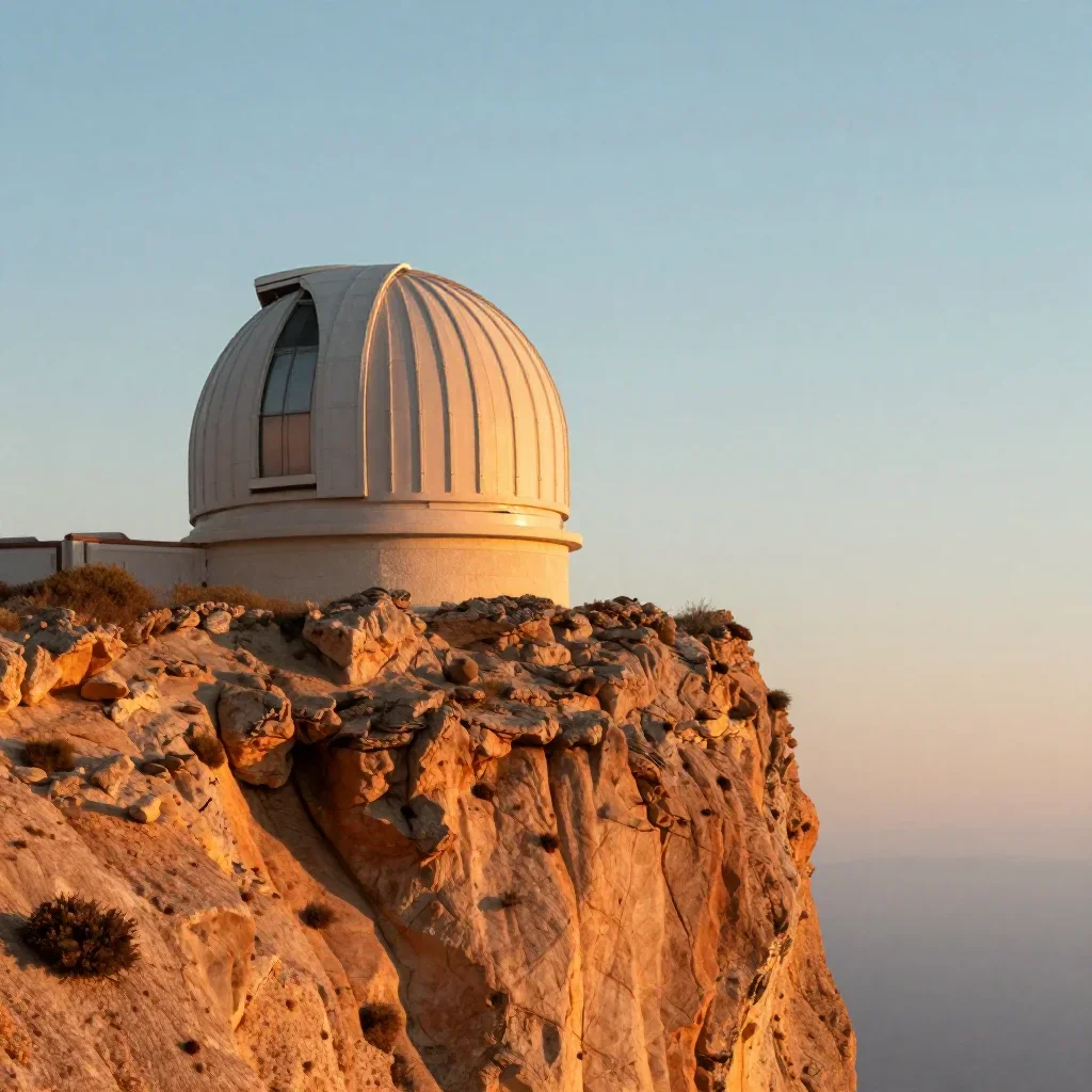 a cliffside observatory during golden hour, dreamlike fine-art landscape photography, clean natural textures, terracotta and pale sky blue palette, no people, no text, no logo, no watermark