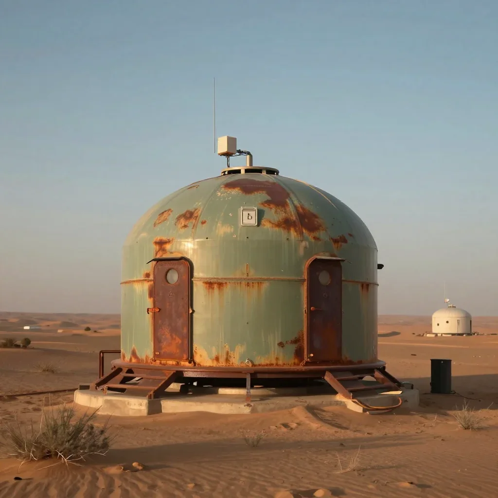 a desert research station in quiet late-afternoon haze, refined editorial travel photography, clean natural textures, ru