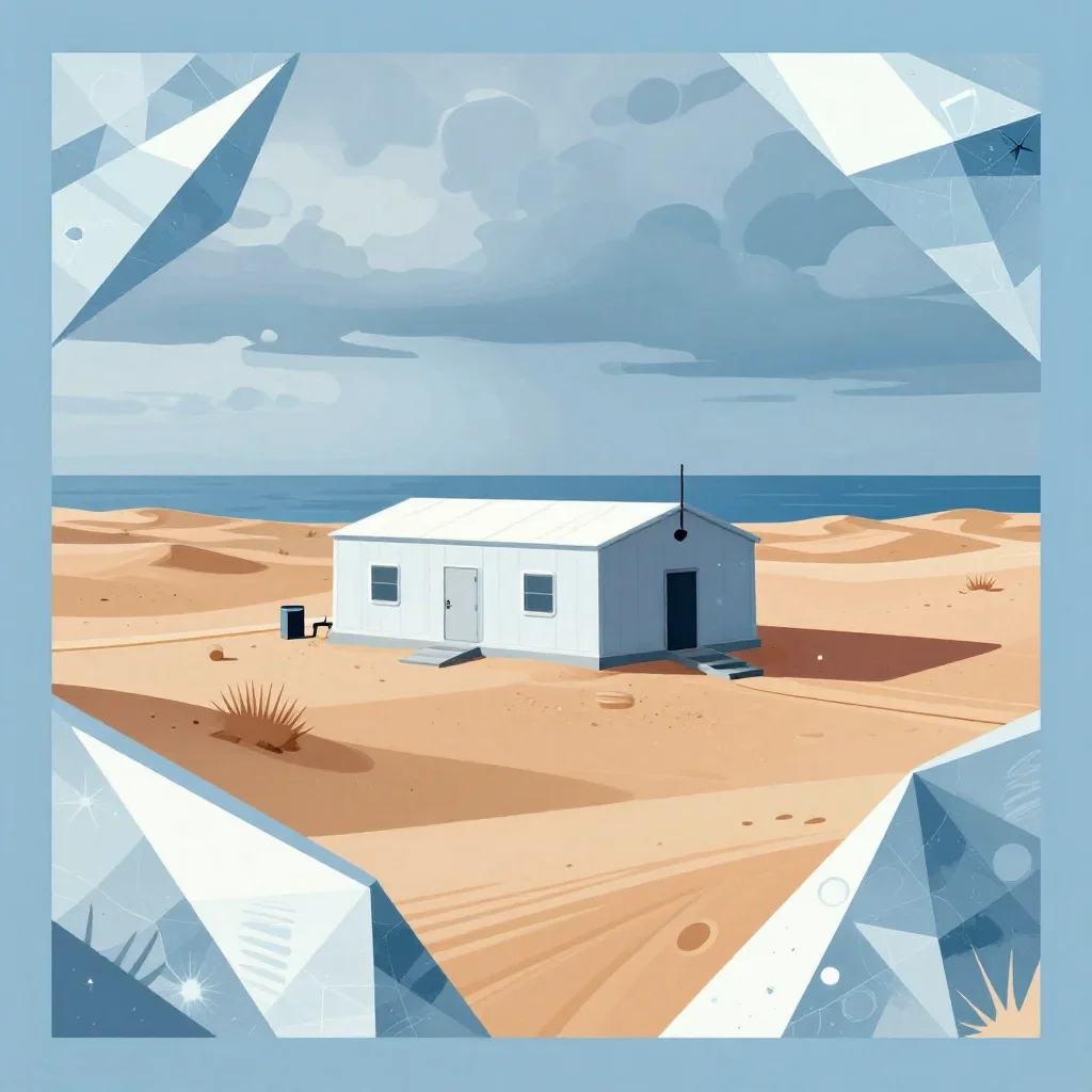 a desert research station under overcast coastal light, modernist poster illustration, careful geometric composition, ic