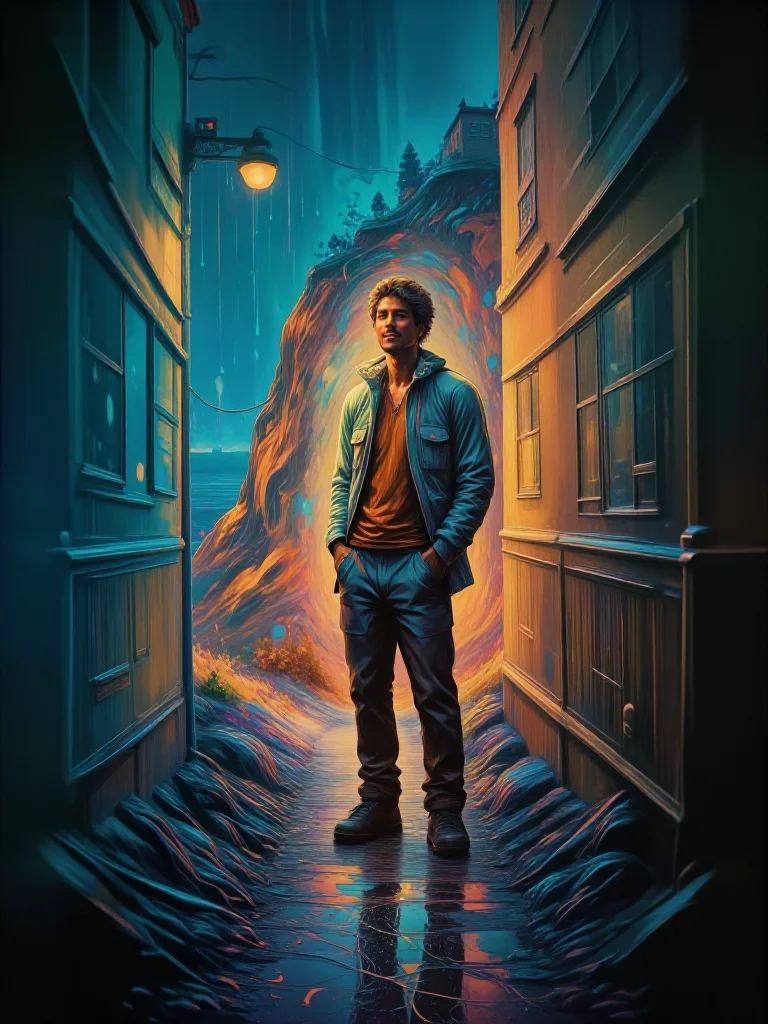 a travel influencer posing on a cliffside at golden hour standing tall with hands in pockets, in a rain-slick neon alley