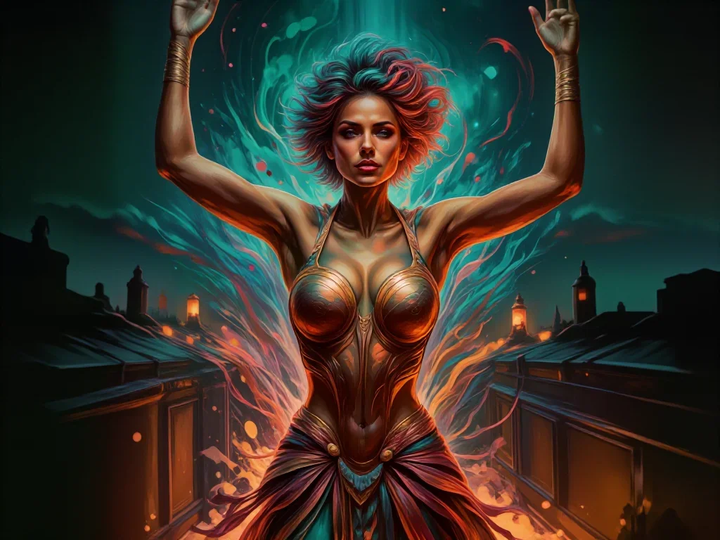 a warrior queen in ornate gilded armor in a bold, open-armed welcome, on a neon-lit rooftop at midnight, bold Helmut New