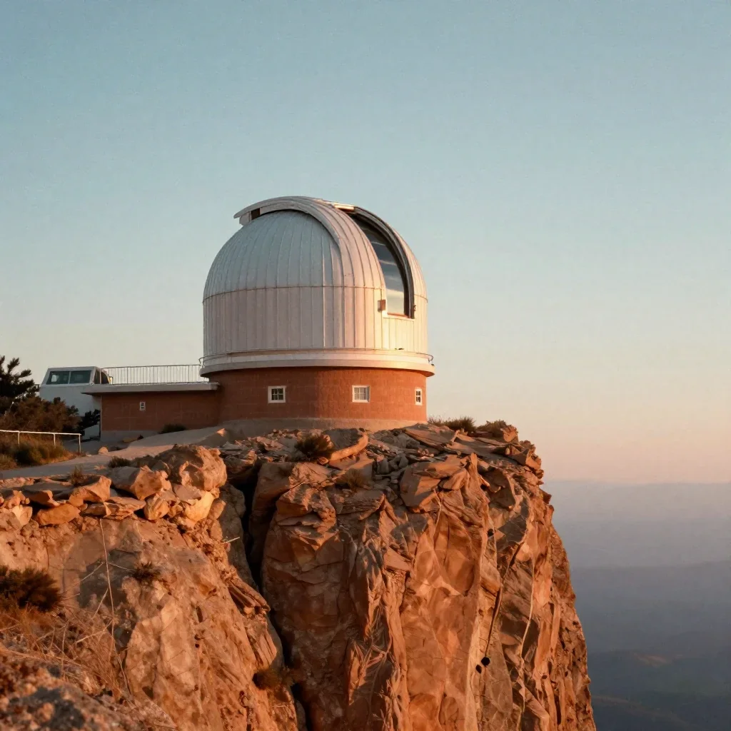 a cliffside observatory during golden hour, quiet science-fiction concept art, subtle film grain, terracotta and pale sk