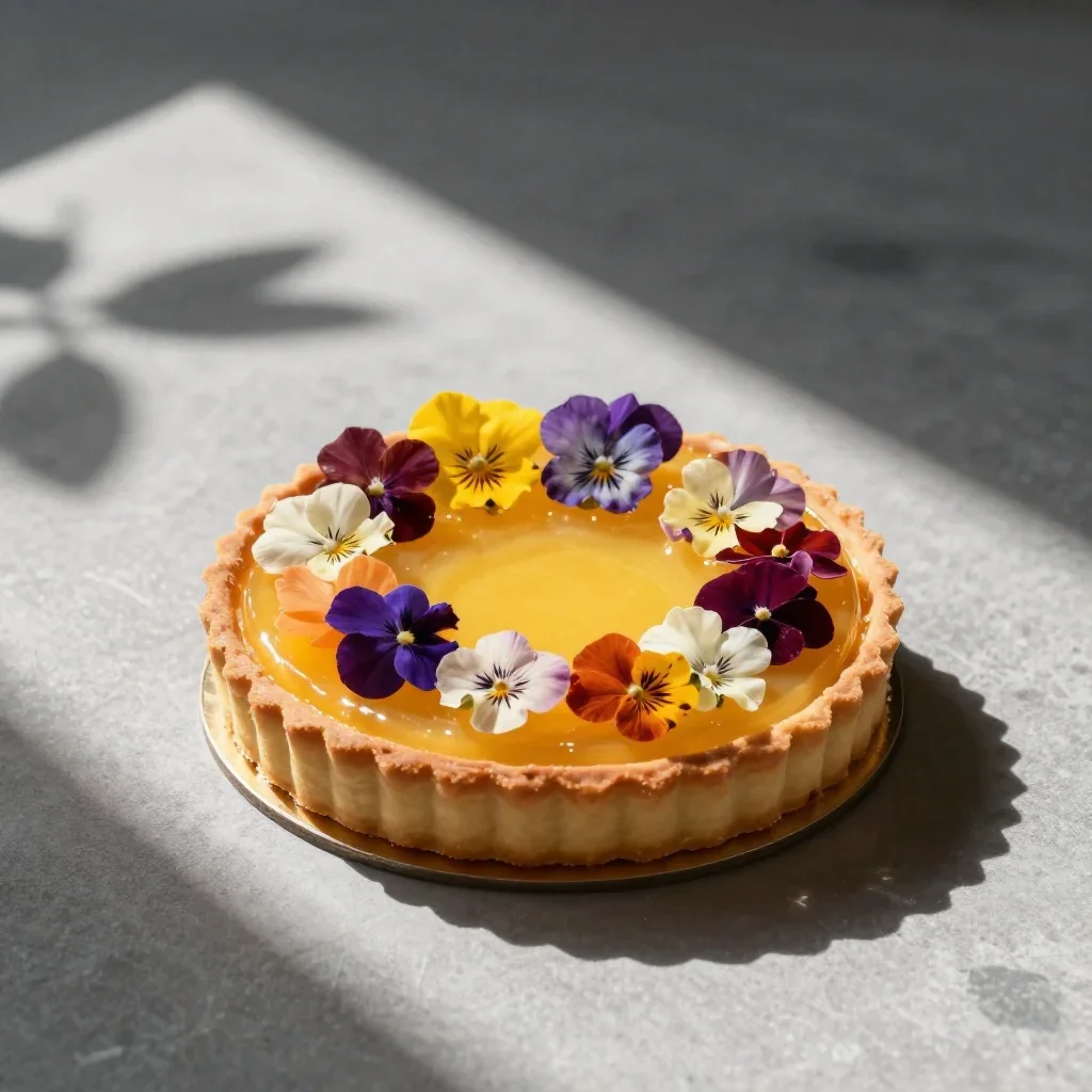 a citrus tart with edible flowers in crisp winter sunlight, cinematic architectural photography, careful geometric compo