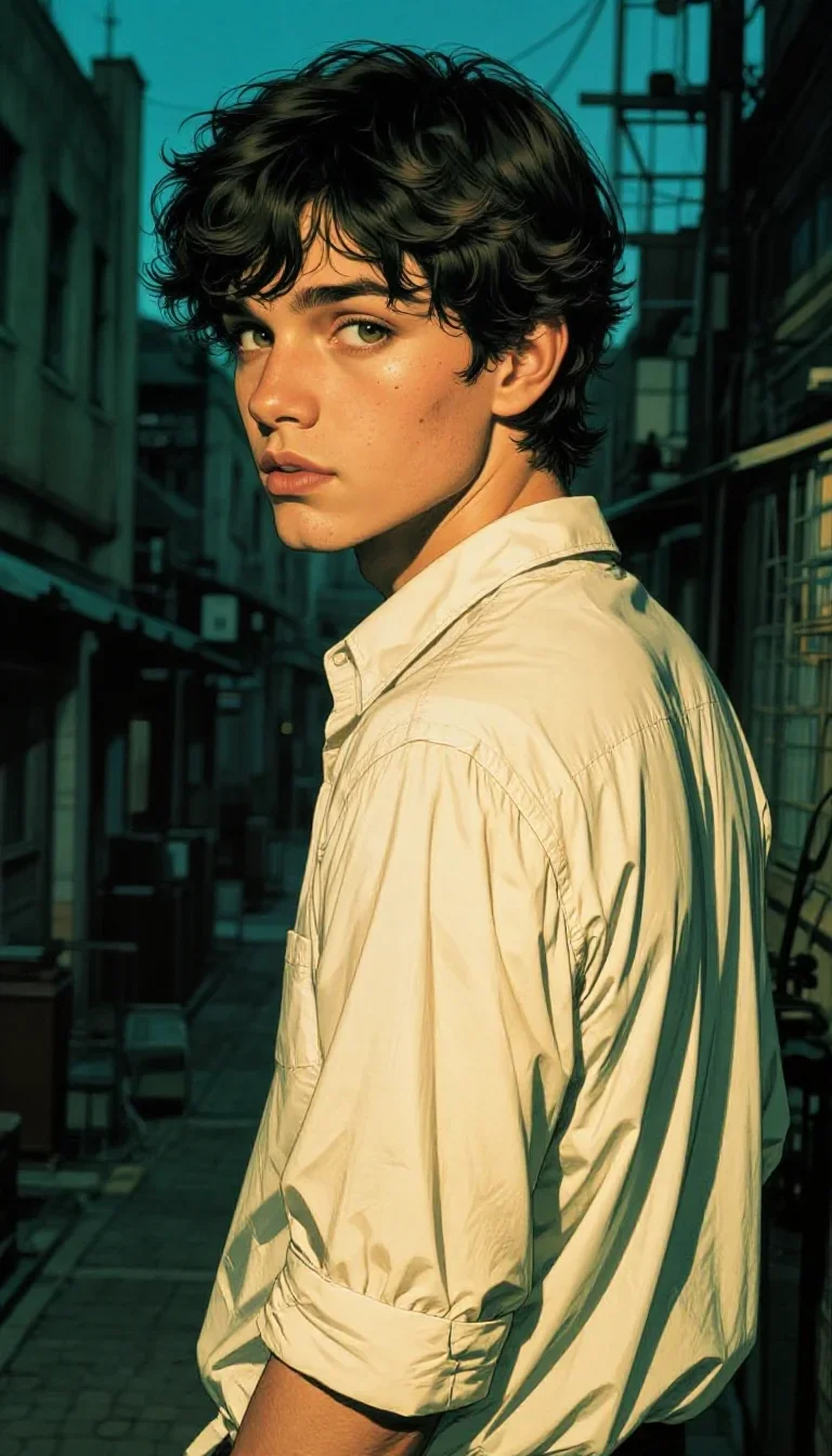 a handsome man in a rolled-sleeve white shirt in an alluring over-the-shoulder glance, in a blue-hour city apartment, ne