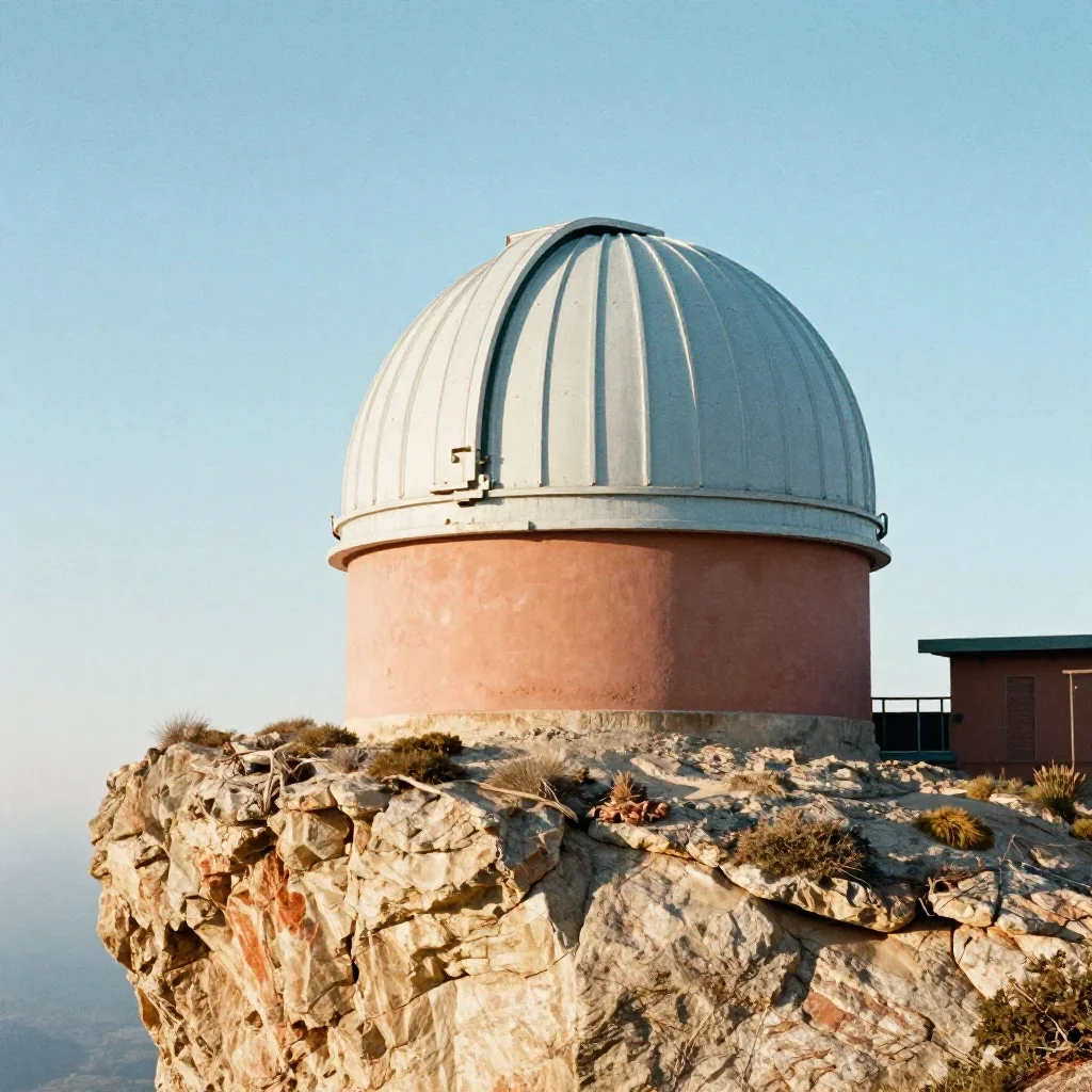 a cliffside observatory in crisp winter sunlight, soft-grain analog film photography, weathered tactile surfaces, terrac