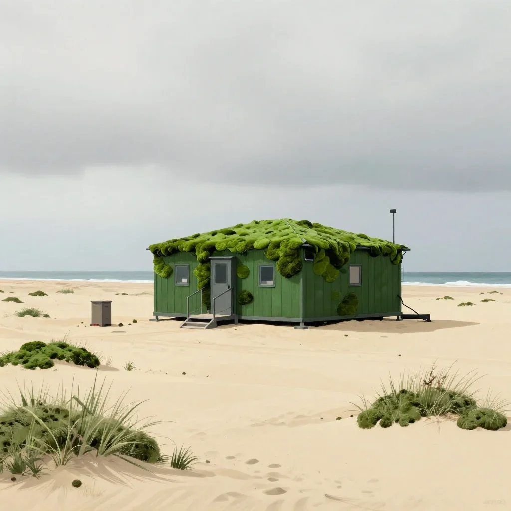 a desert research station under overcast coastal light, Japanese woodblock-inspired editorial art, clean natural textures, moss green and cream palette, no people, no text, no logo, no watermark