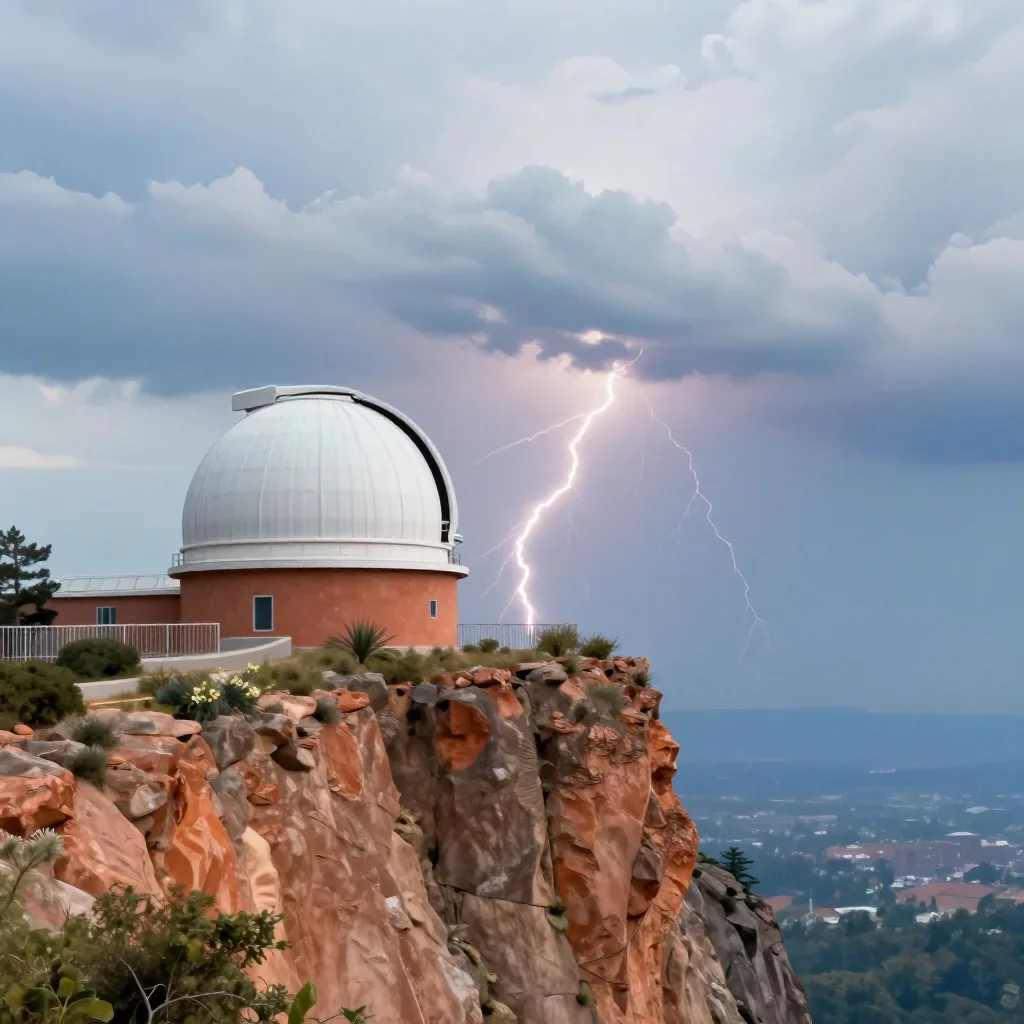a cliffside observatory after a distant thunderstorm, contemporary botanical illustration, soft volumetric light, terrac
