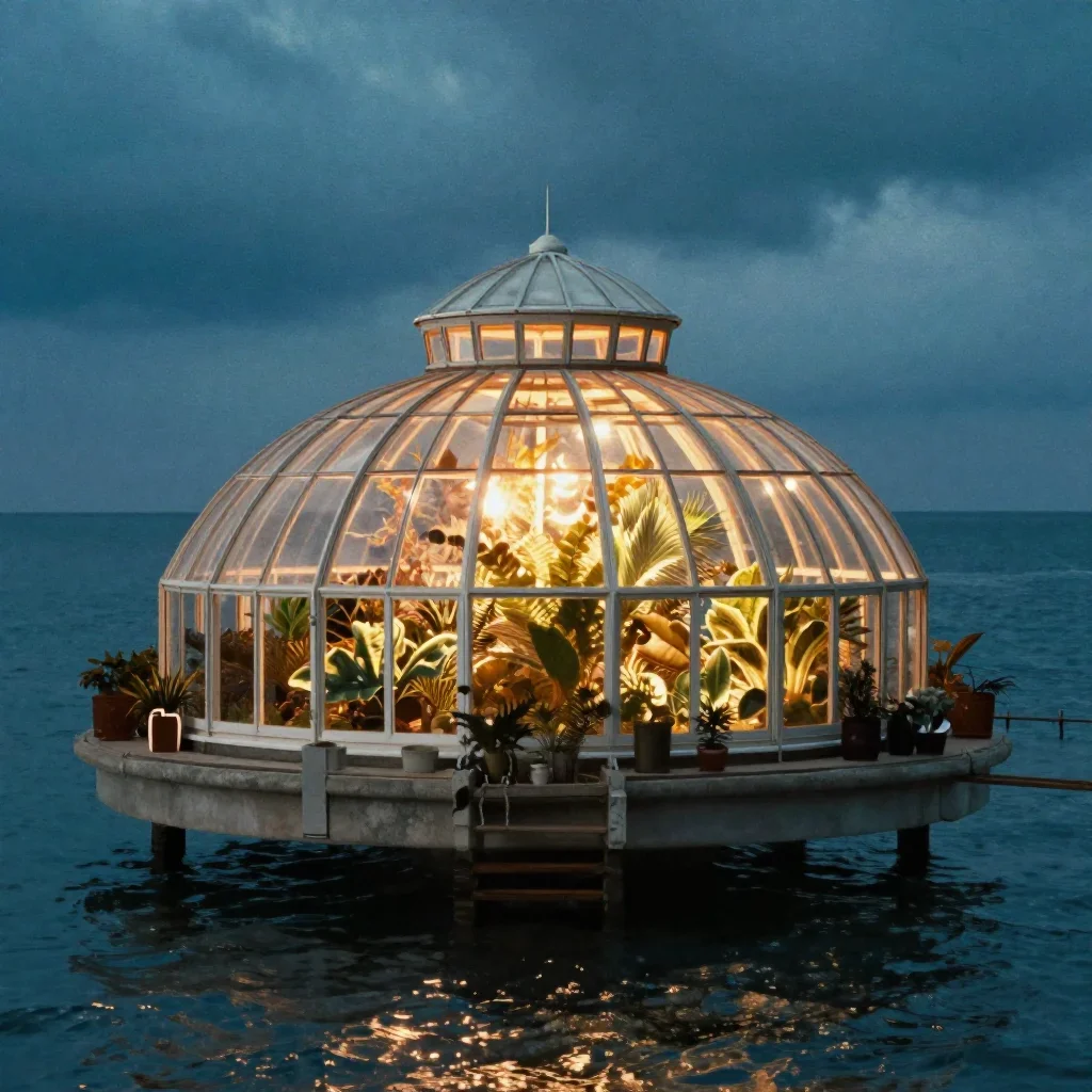 a floating botanical conservatory in a gentle sea breeze, cinematic architectural photography, subtle film grain, cobalt