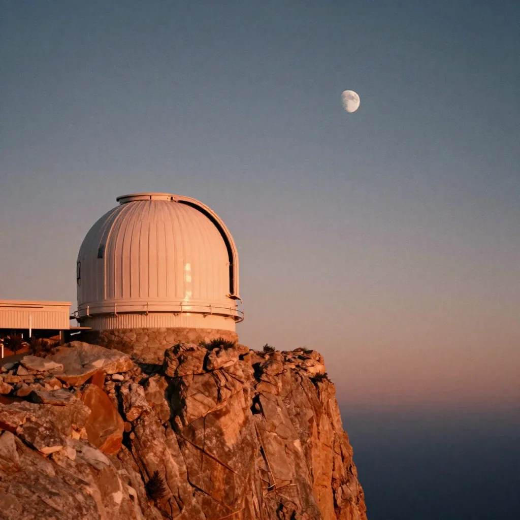 a cliffside observatory at moonrise, soft-grain analog film photography, subtle film grain, ochre and ultramarine palette, no people, no text, no logo, no watermark