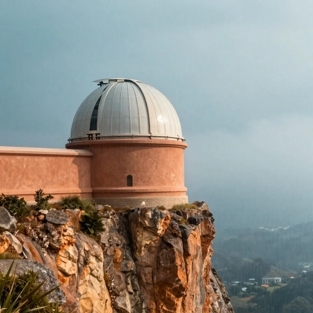 a cliffside observatory after warm summer rain, cinematic architectural photography, atmospheric depth, terracotta and p
