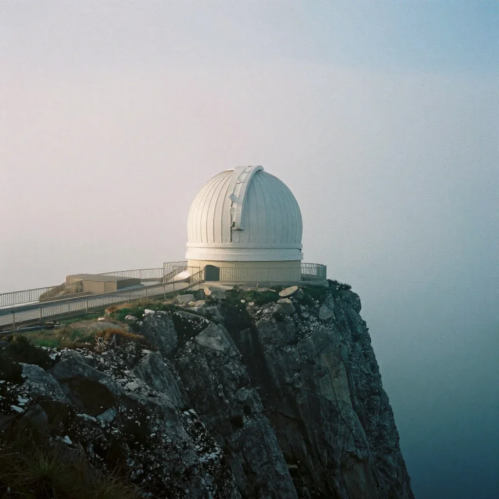 a cliffside observatory in quiet late-afternoon haze, soft-grain analog film photography, soft volumetric light, indigo 