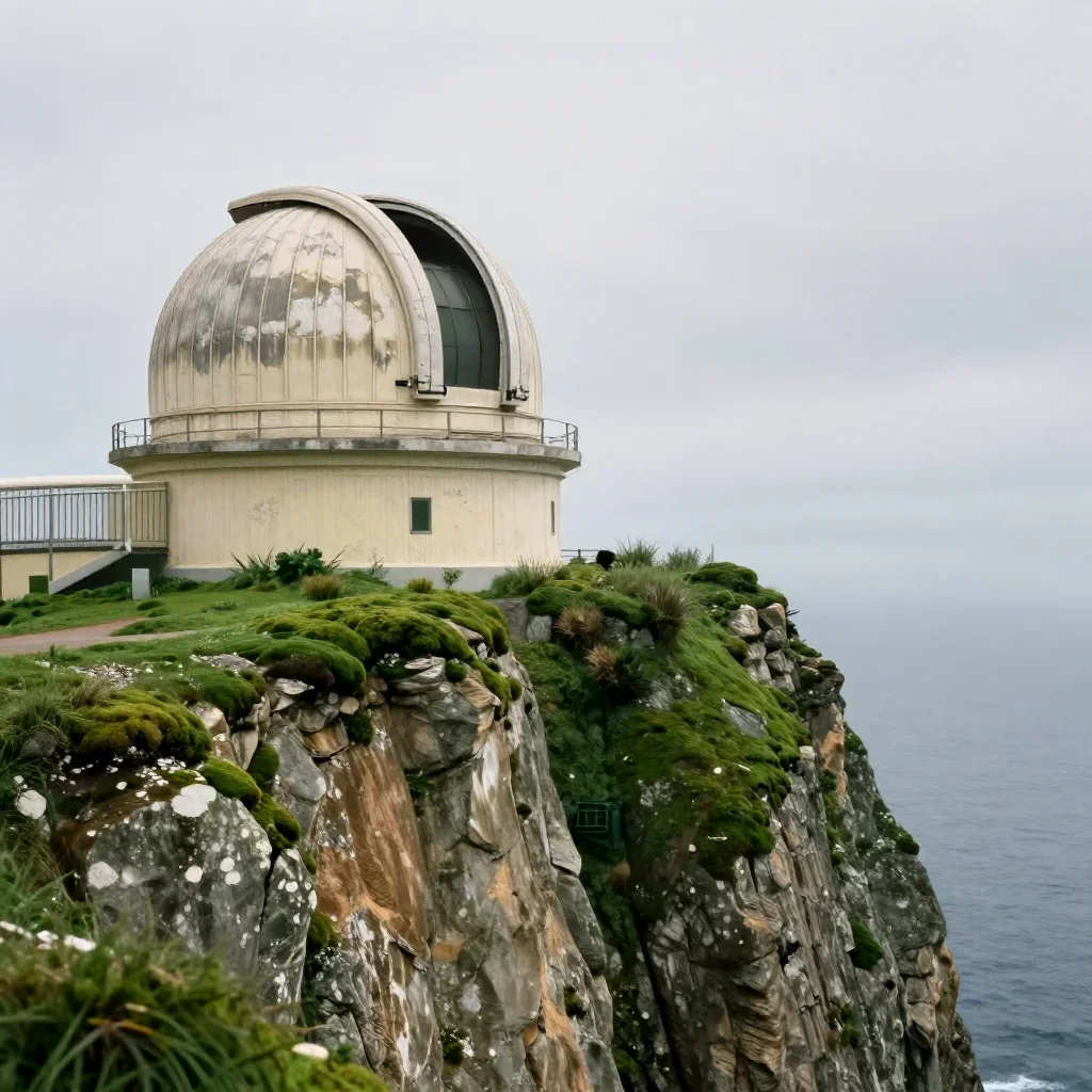 a cliffside observatory under overcast coastal light, dreamlike fine-art landscape photography, weathered tactile surfac