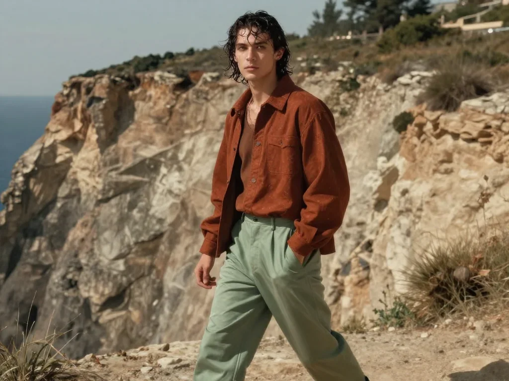a streetwear influencer with wet-look hair in a confident cinematic stride, on a sun-drenched cliffside, Renaissance chi