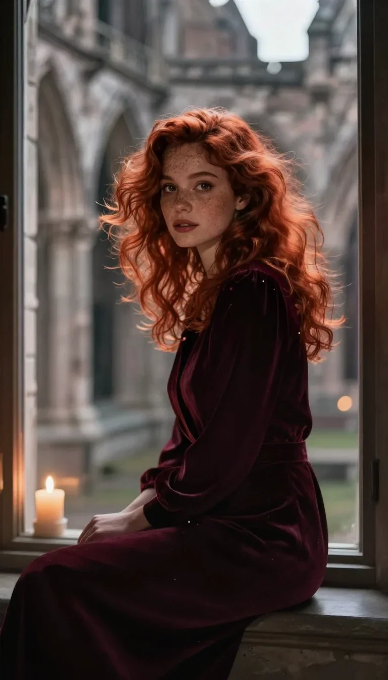a muse with freckles and wind-tousled copper hair in a seated silhouette against a window, in a candle-lit cathedral rui